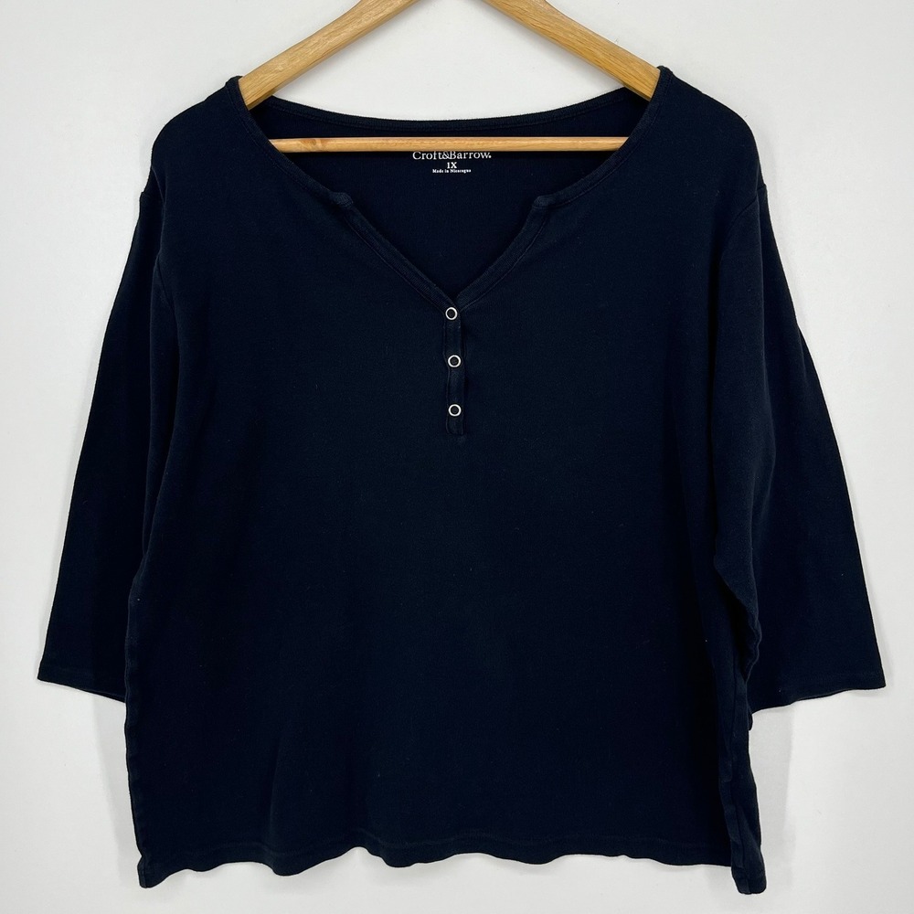 Croft & Barrow Womens 1X Navy Blue 100% Cotton 3/4 Sleeve Henley Top